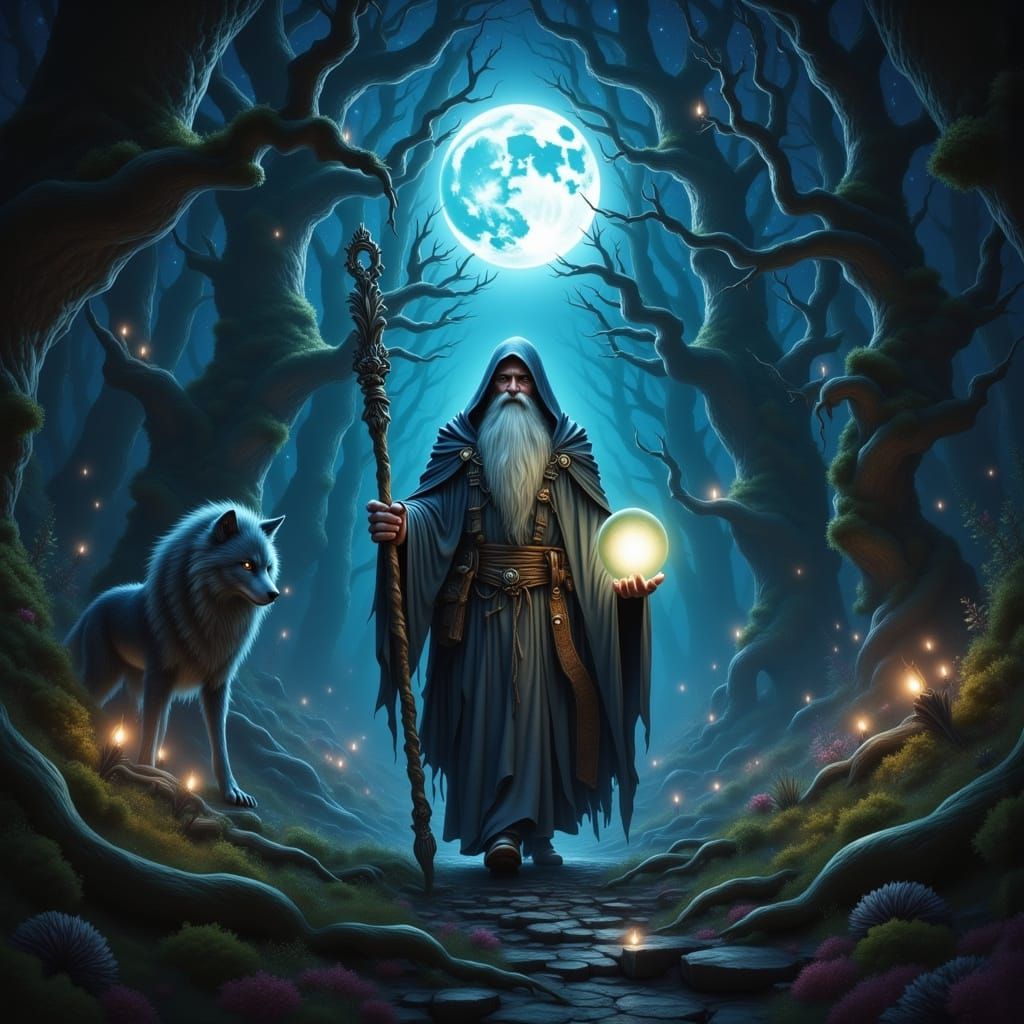 Mystical Wizard in Dark Forest, Fantasy Scene