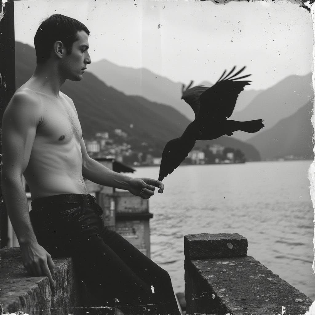 Handsome Male Standing on Lake Como Balcony Feeding Birds in...