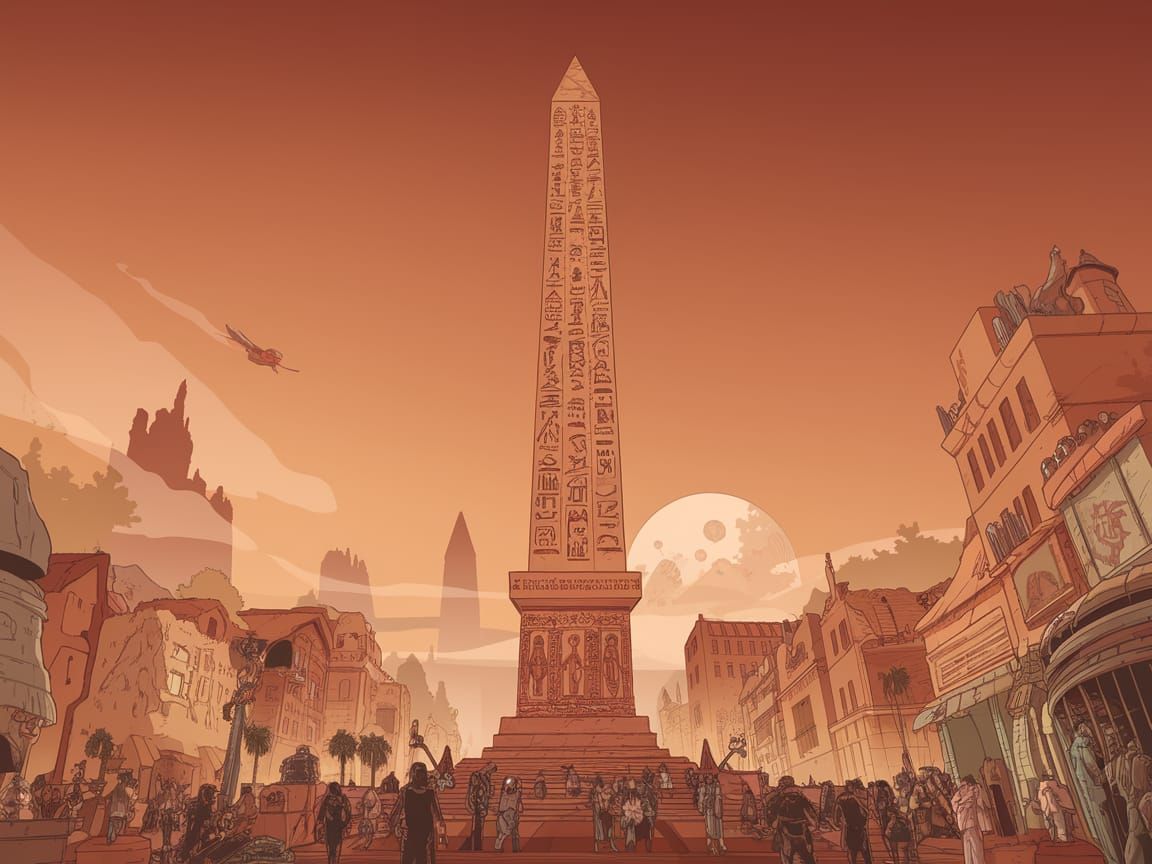 Ancient Egyptian Obelisk Towers over Martian Metropolis