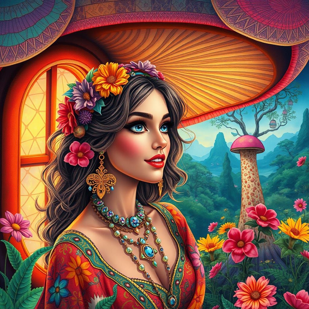 Psychedelic Woman in Mushroom House: Gouache Watercolor Pain...