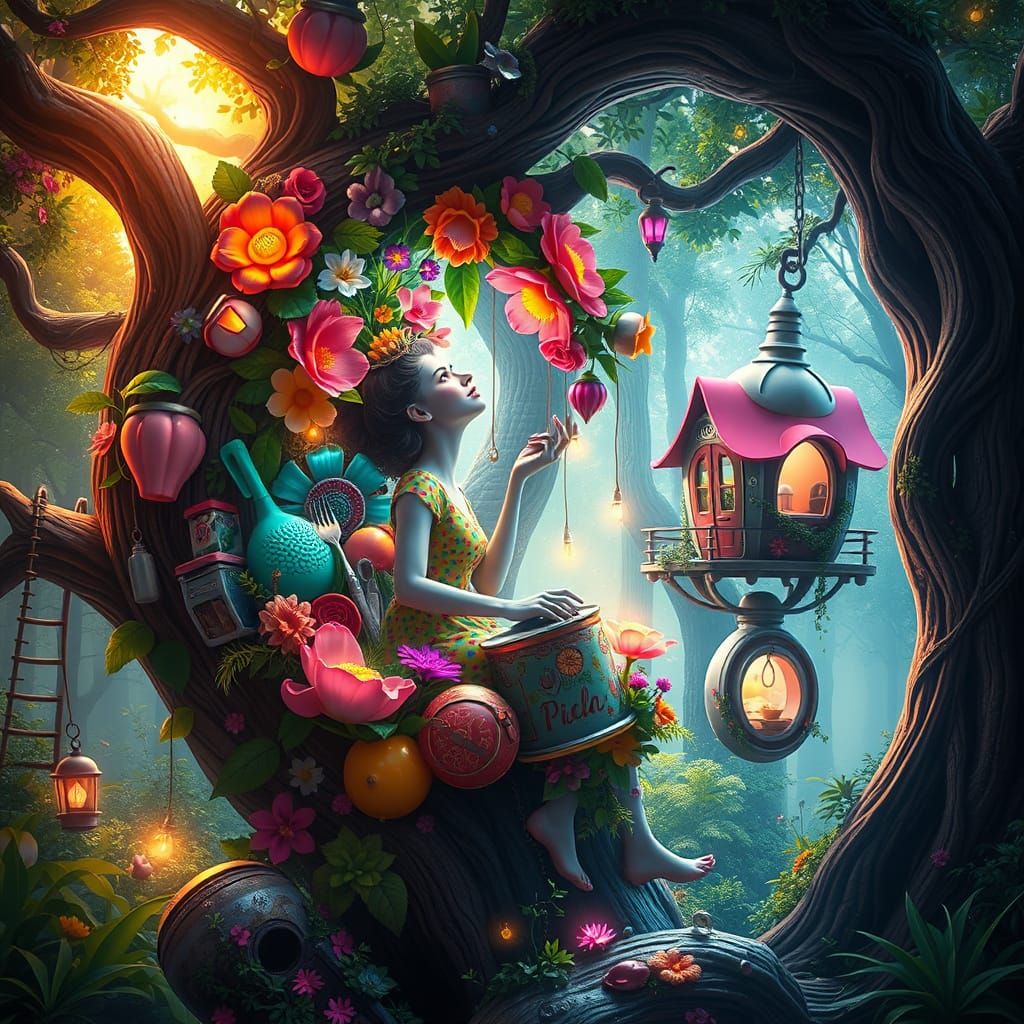 Whimsical Treehouse Blooms Within a Flower