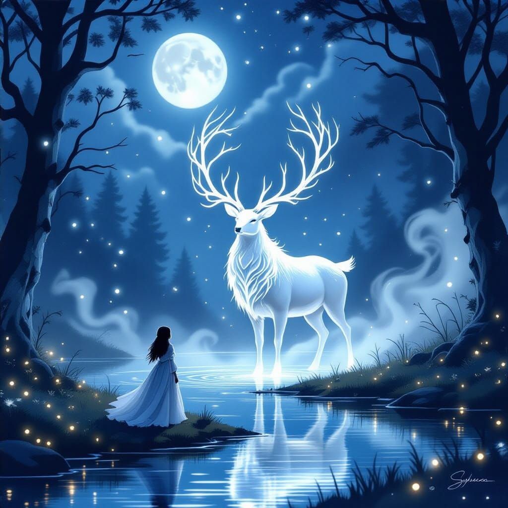 Moonlit Stag's Ethereal Blessing in Digital Fantasy Art