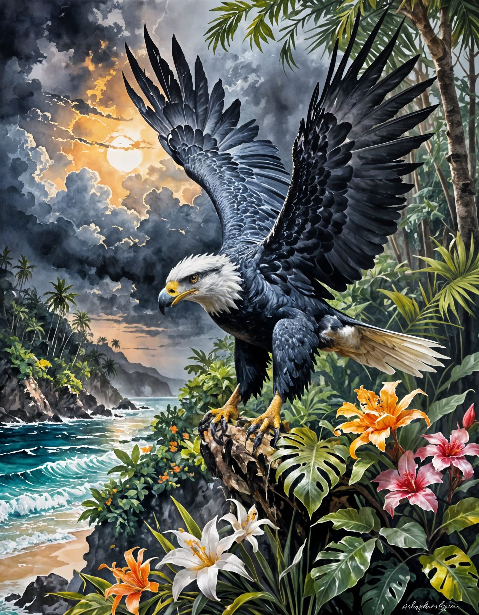 Surreal Stormy Landscape with a Harpy Eagle in Tropical Fore...