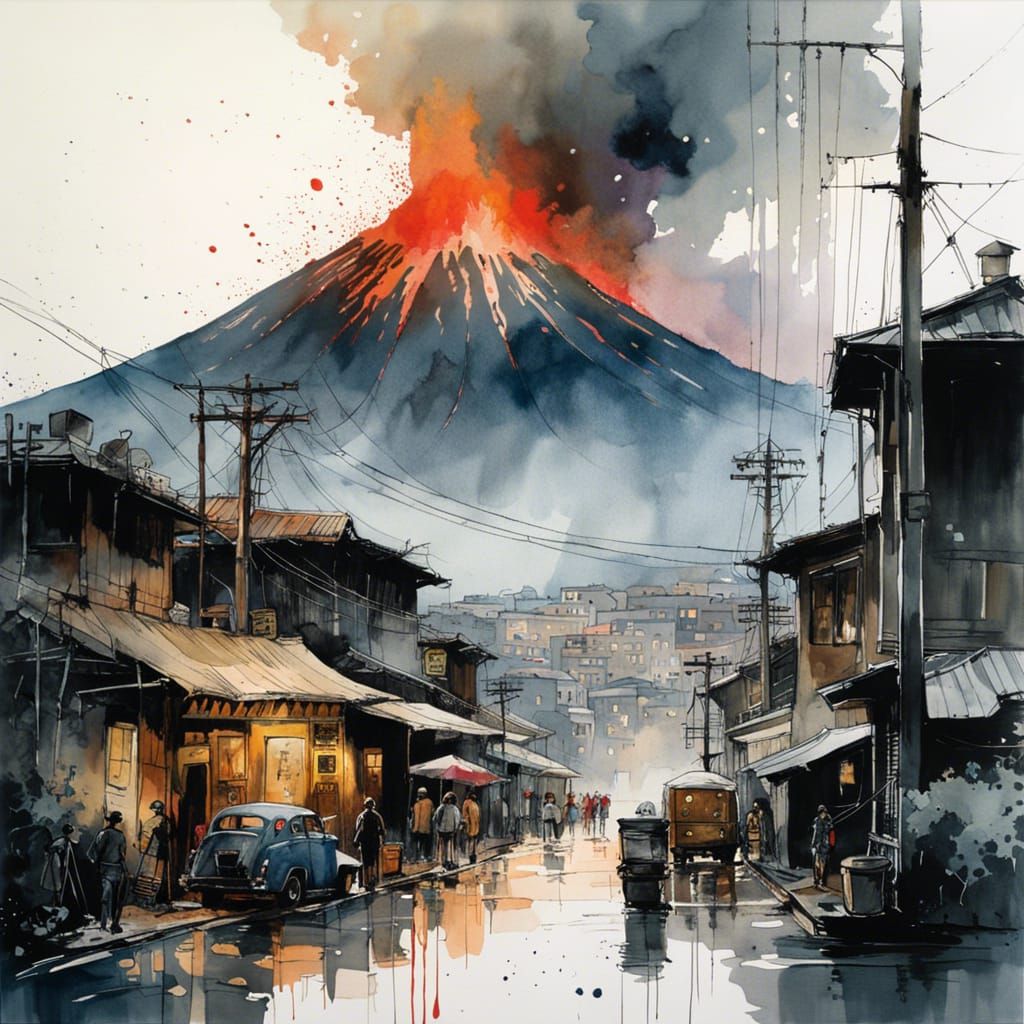 Volcano City in Soft Watercolor Style
