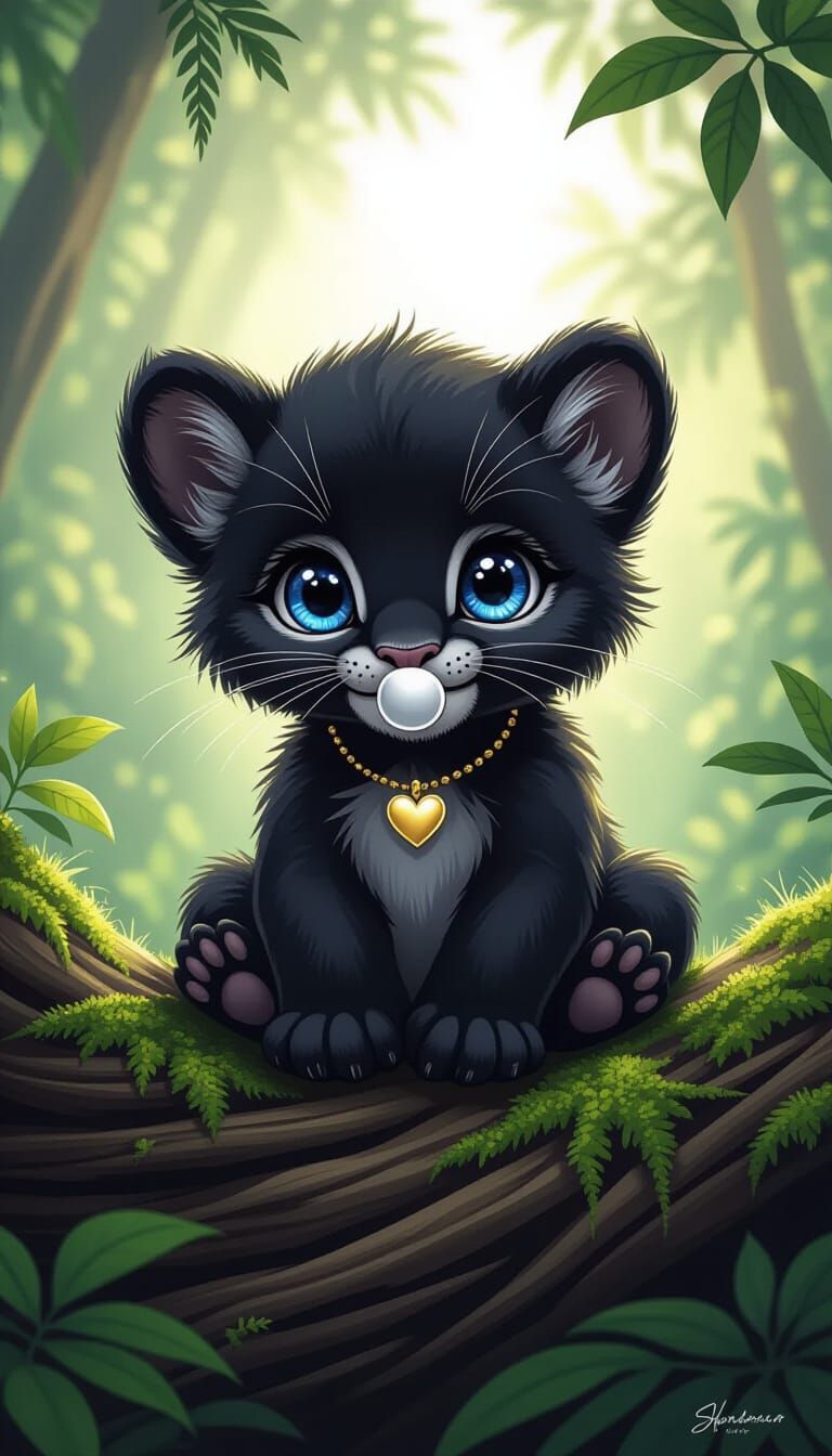 Cute Chibi Black Panther Cub with Sapphire Eyes