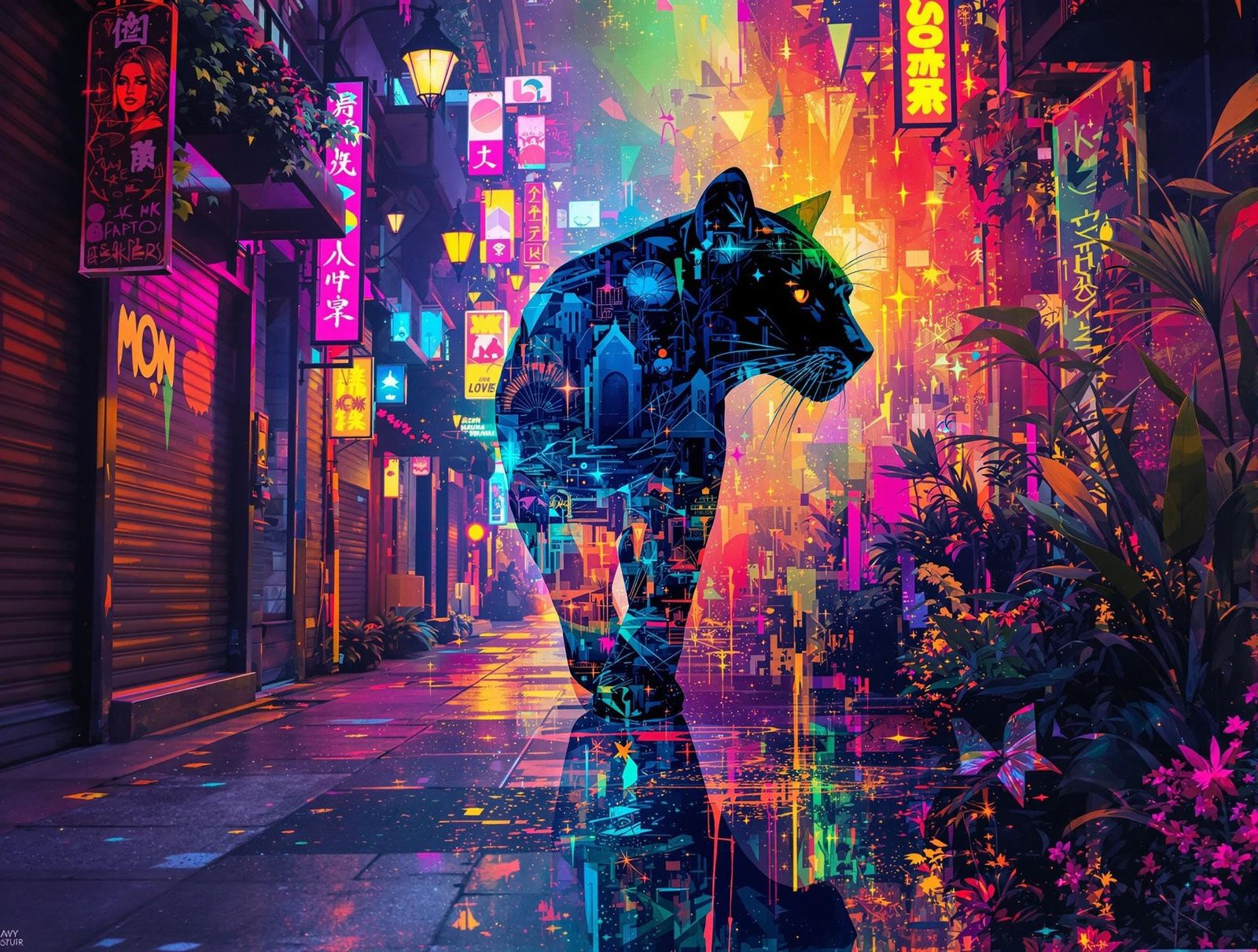 Urban Jungle Nighttime Scene in Neon-Lit Double Exposure