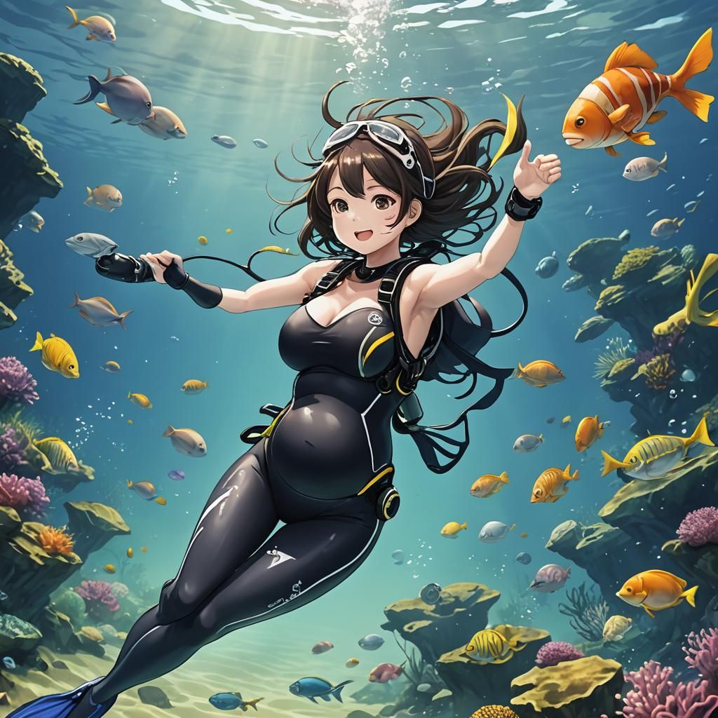 Pregnant Anime Diver in Manga Style