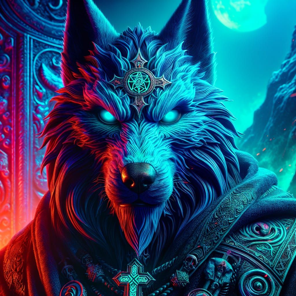 Cyan Demonic Wolf Guardian in Hyperrealistic Splash Art