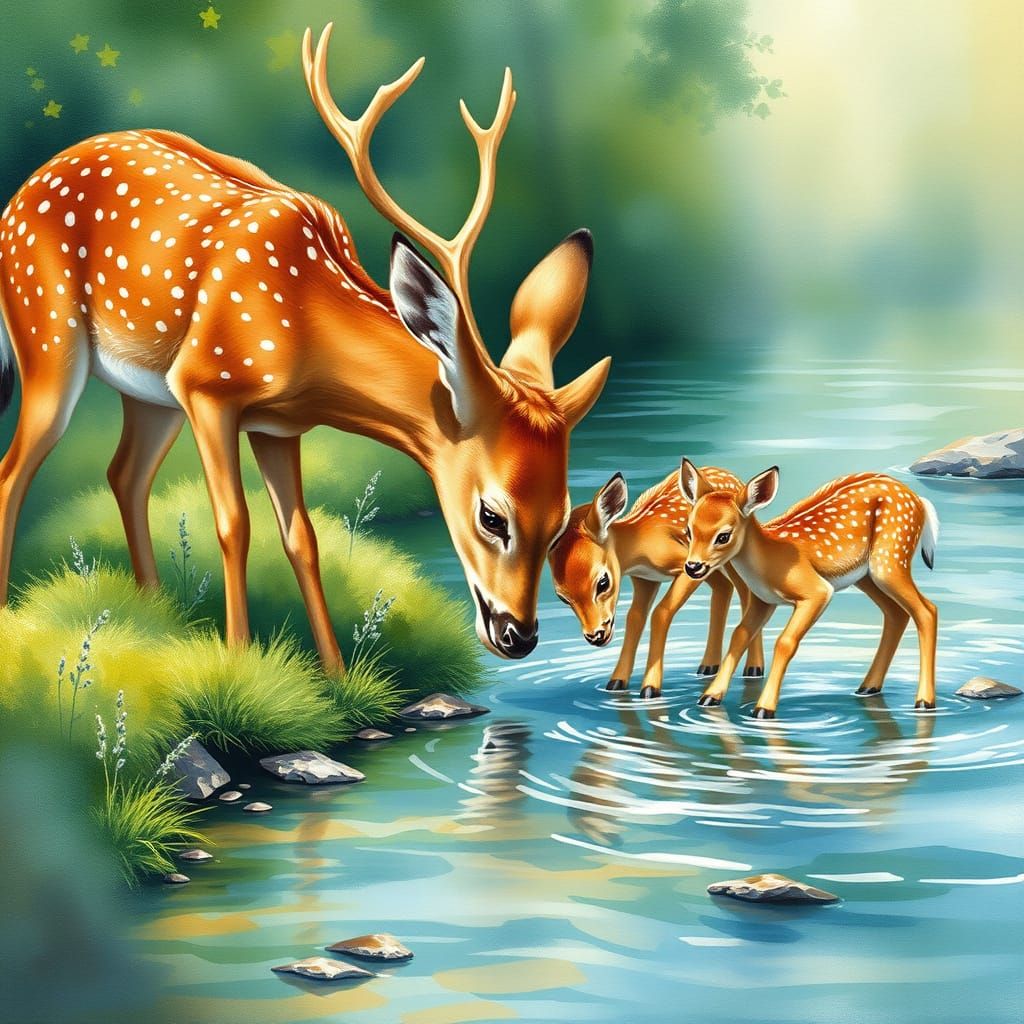 Peaceful Deer Mother and Fawn Drinking from a River in a Whi...