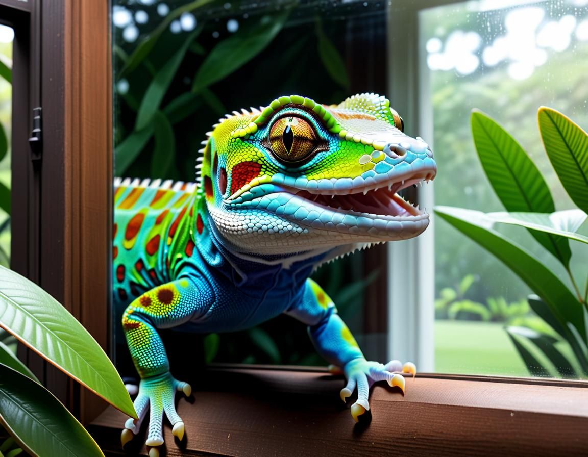 Giant Gecko Peering Through Window
