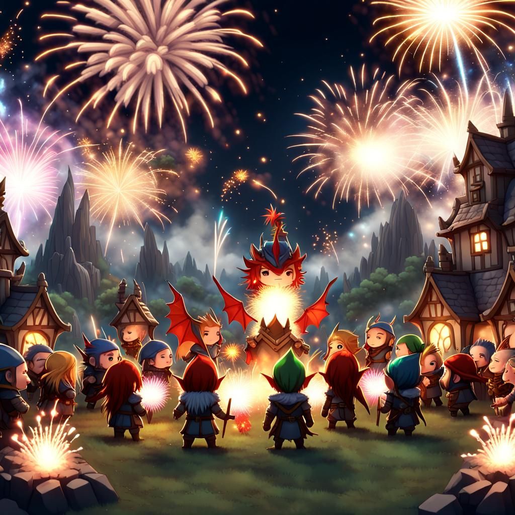Chibi Fantasy Celebration with Dragons and Elves