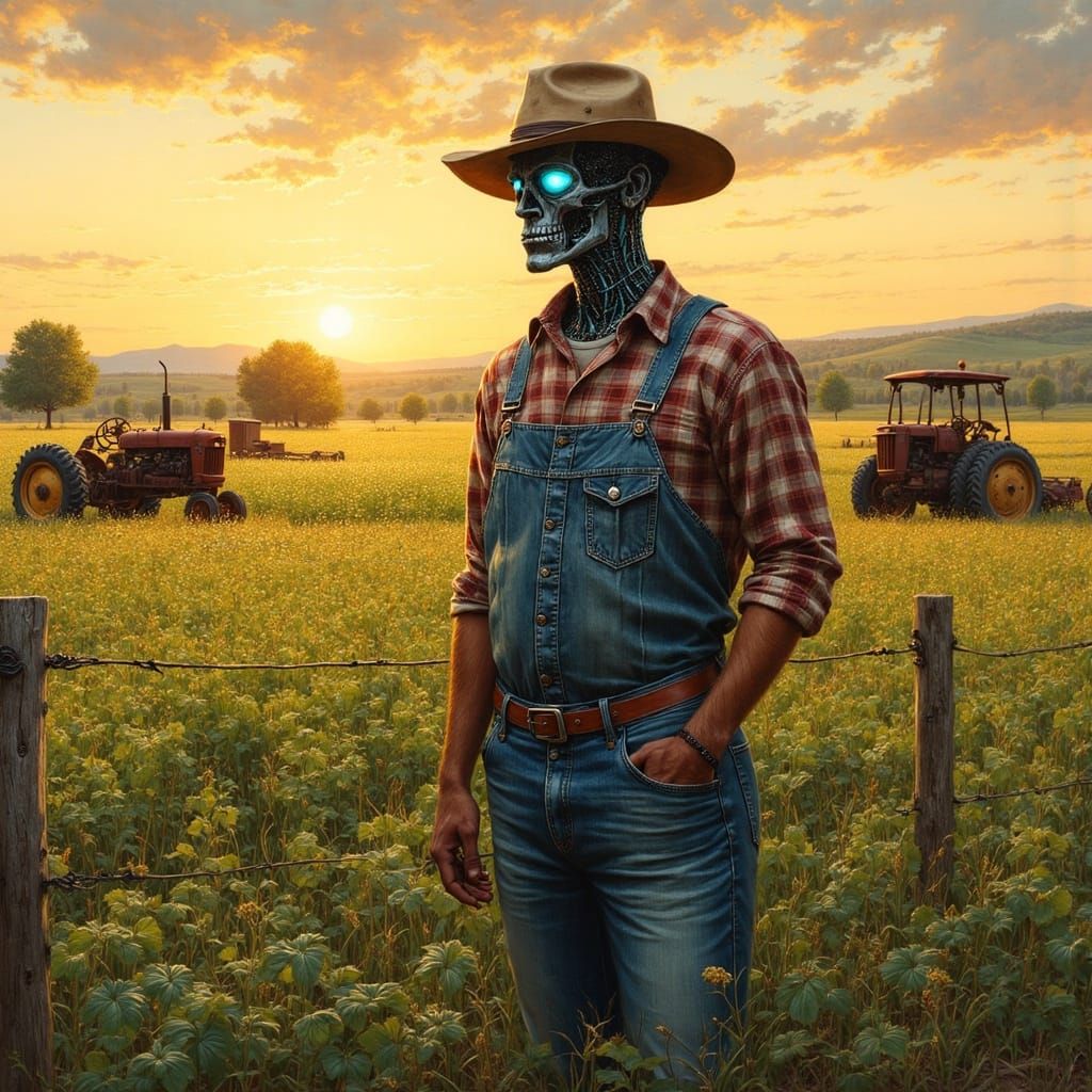 Cyborg Farmer in a Retro-Futuristic Idyllic Landscape