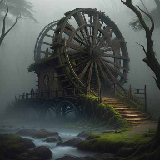 Epic Ancient Stone Waterwheel in a Mystical Forest