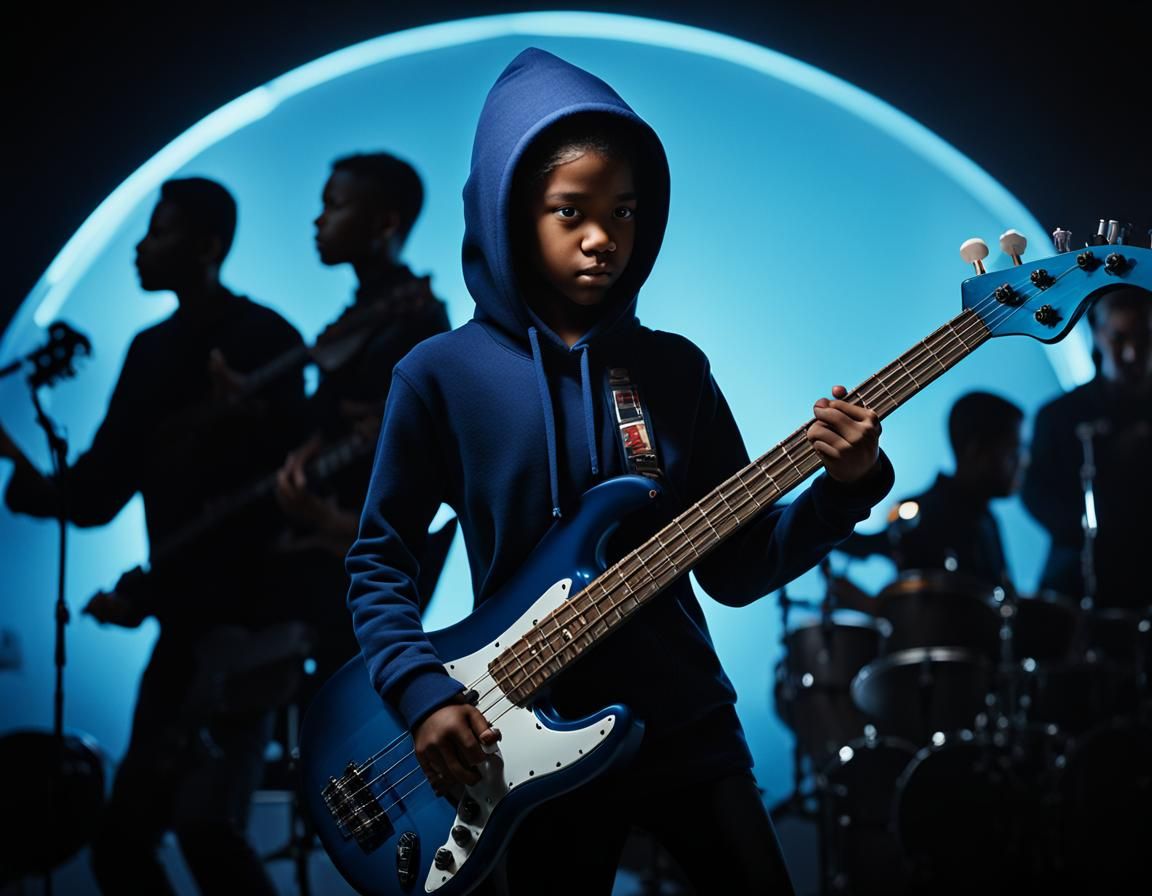 Girl with Blue Hoodie Playing Bass Guitar
