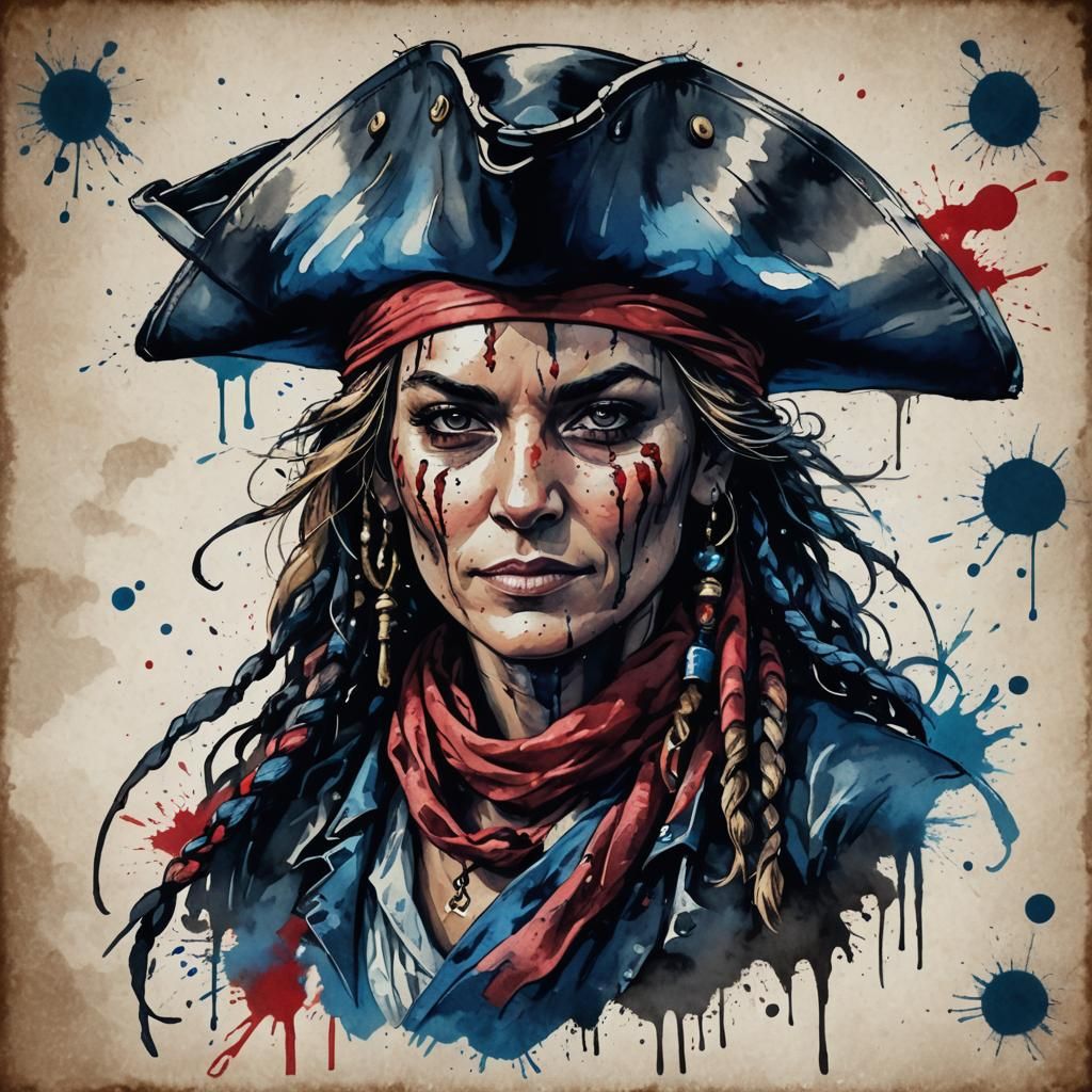 Ink-Splattered Pirate Captain Portrait in Bold Style