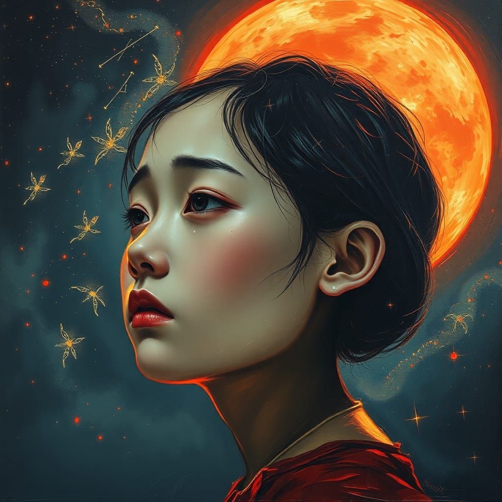 Sad Asian Woman in Impasto Oil Portrait