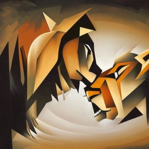 Lions Touching Noses in Cubist Style