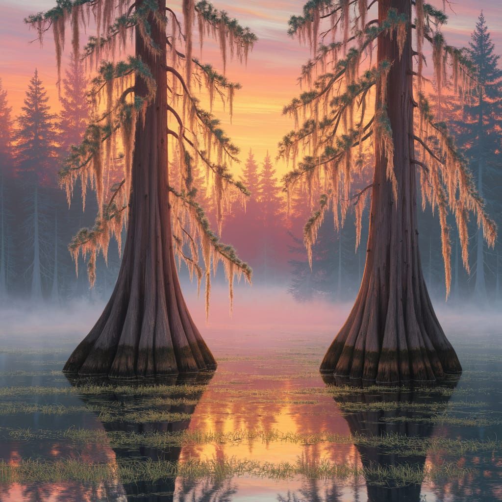 Majestic Trees Stand Tall in a Misty Swamp Landscape