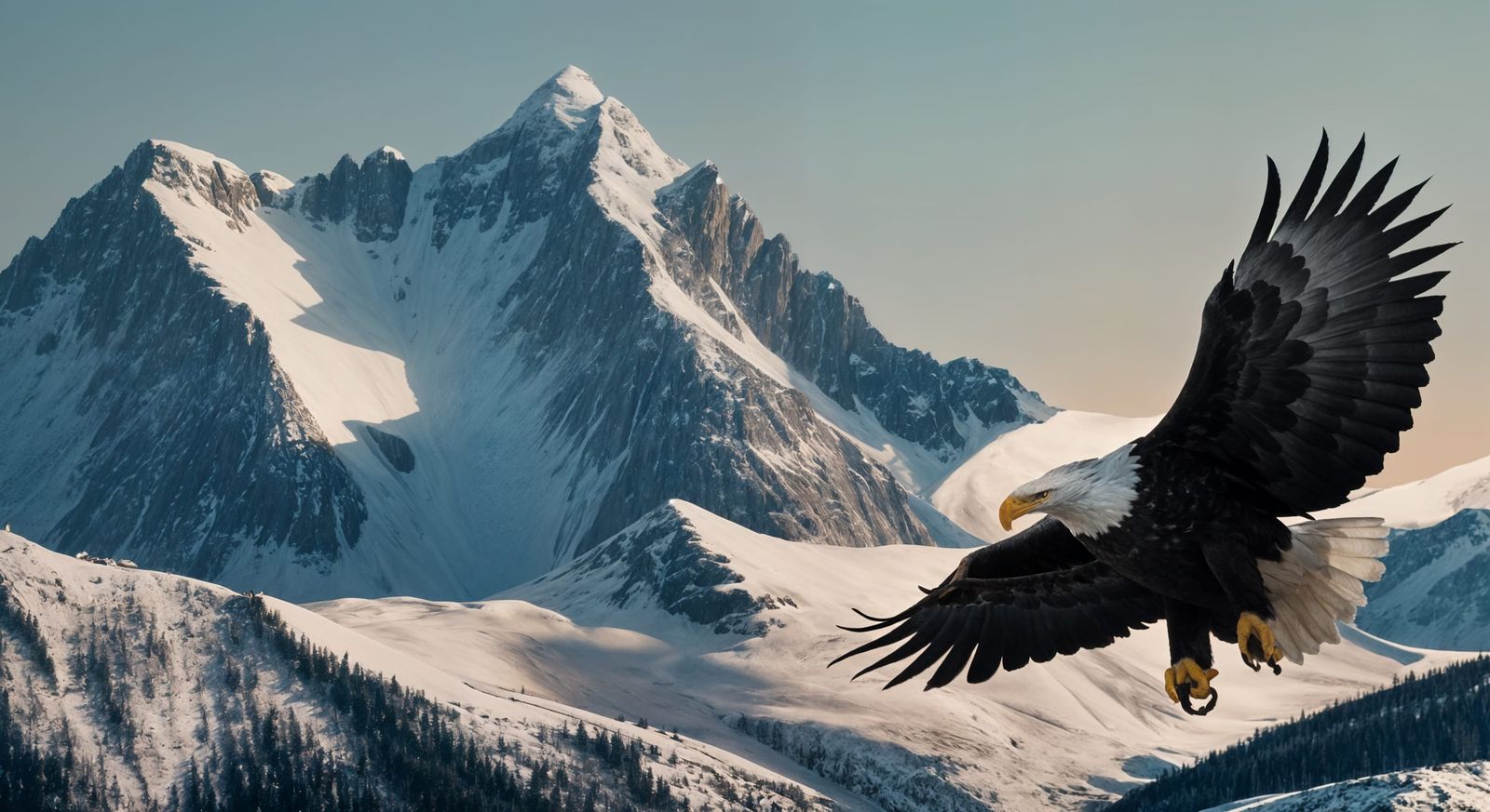 Bald Eagle Soars Over Alaskan Wilderness in Golden Hour