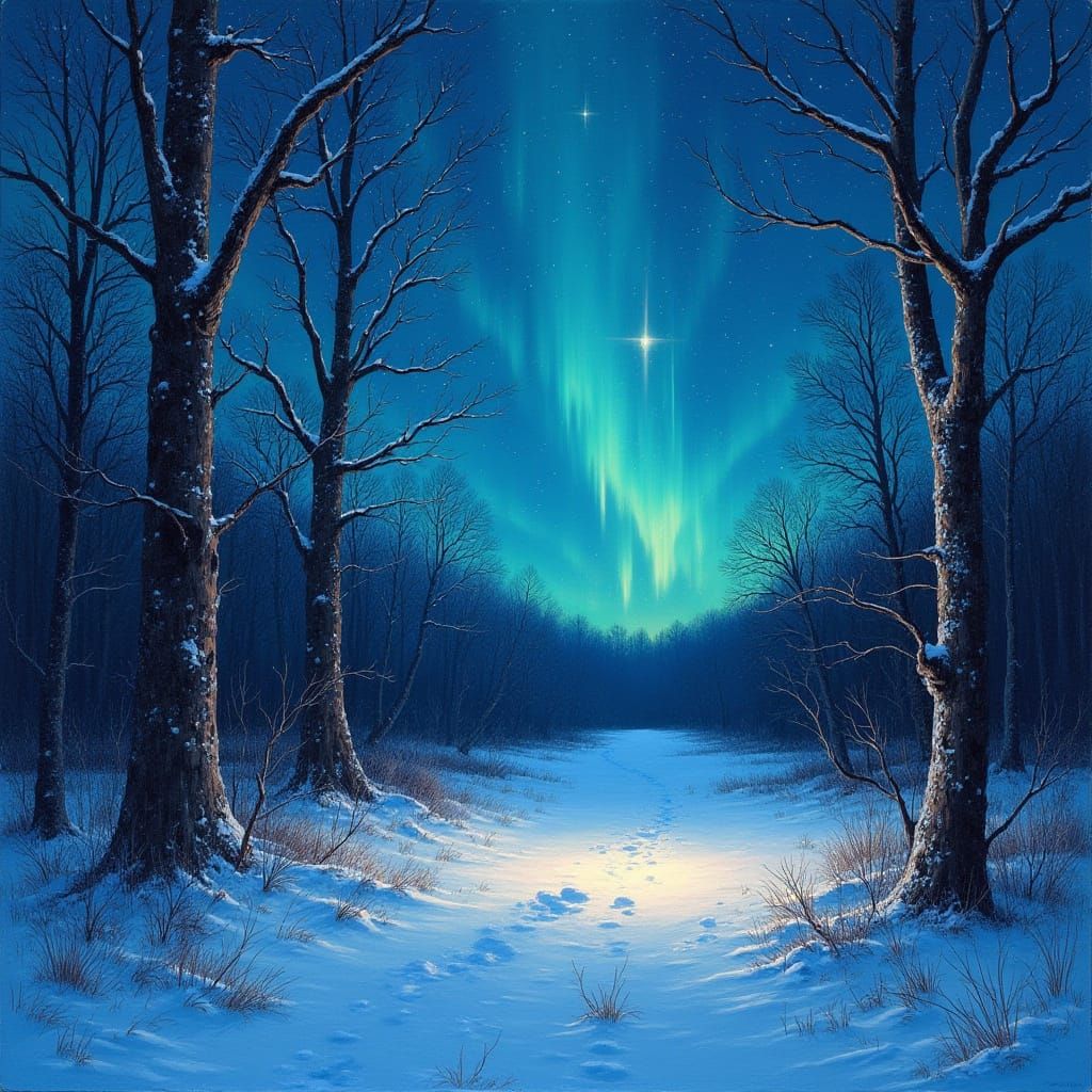Northern Lights Dance Over a Starry Winter Woodland