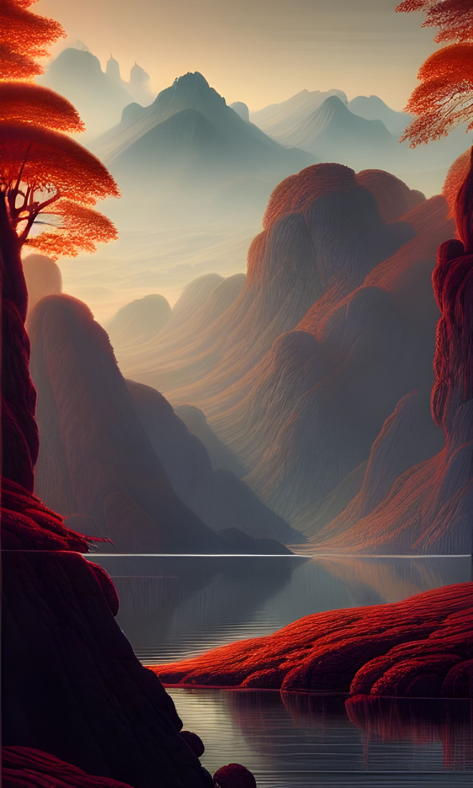 Autumn Lake Scene in Romantic Painting Style