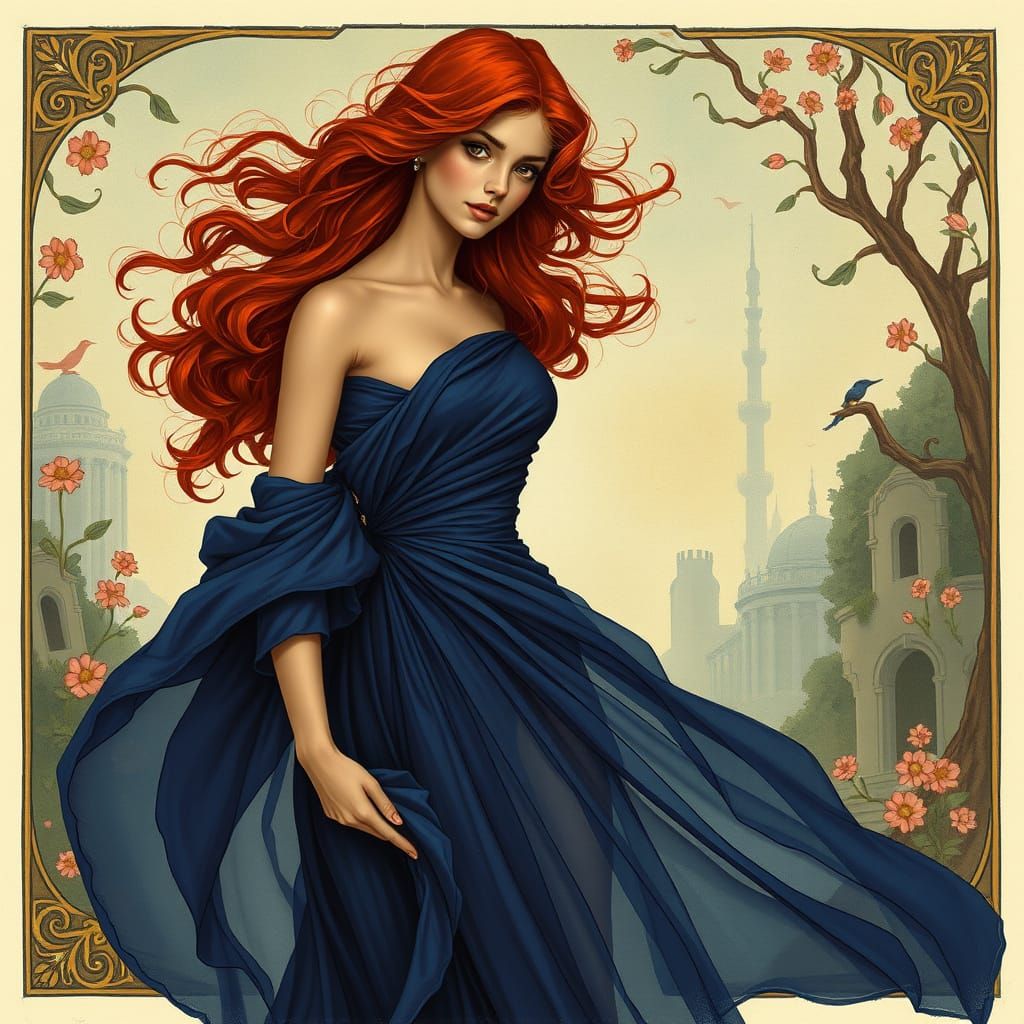 Sapphire Gown: Art Nouveau Heroic Woman