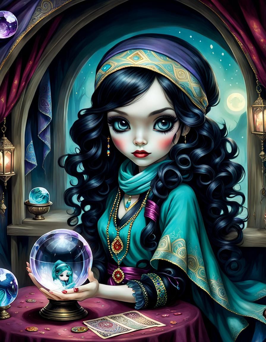 Fortune Teller with Parrot in Storybook Style