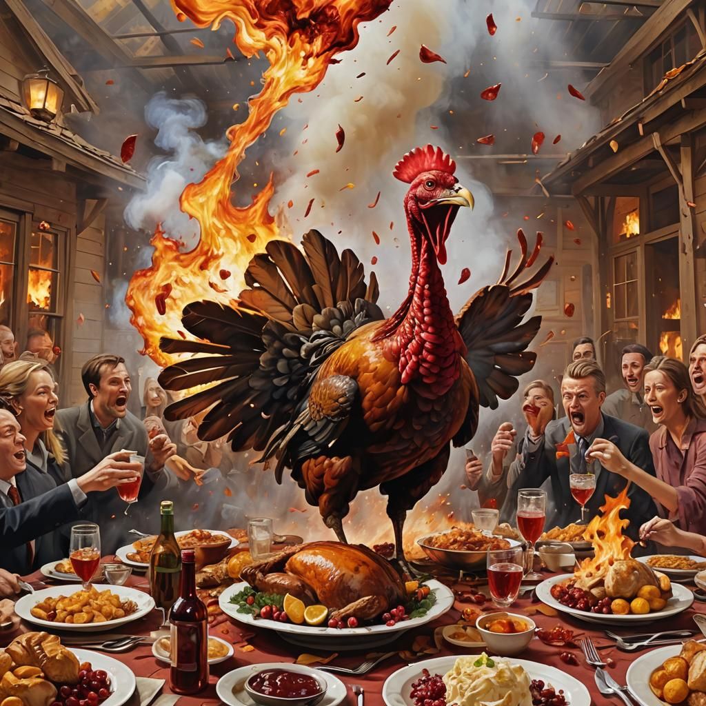 Chaotic Thanksgiving Dinner with Flaming Turkey, Surreal Art