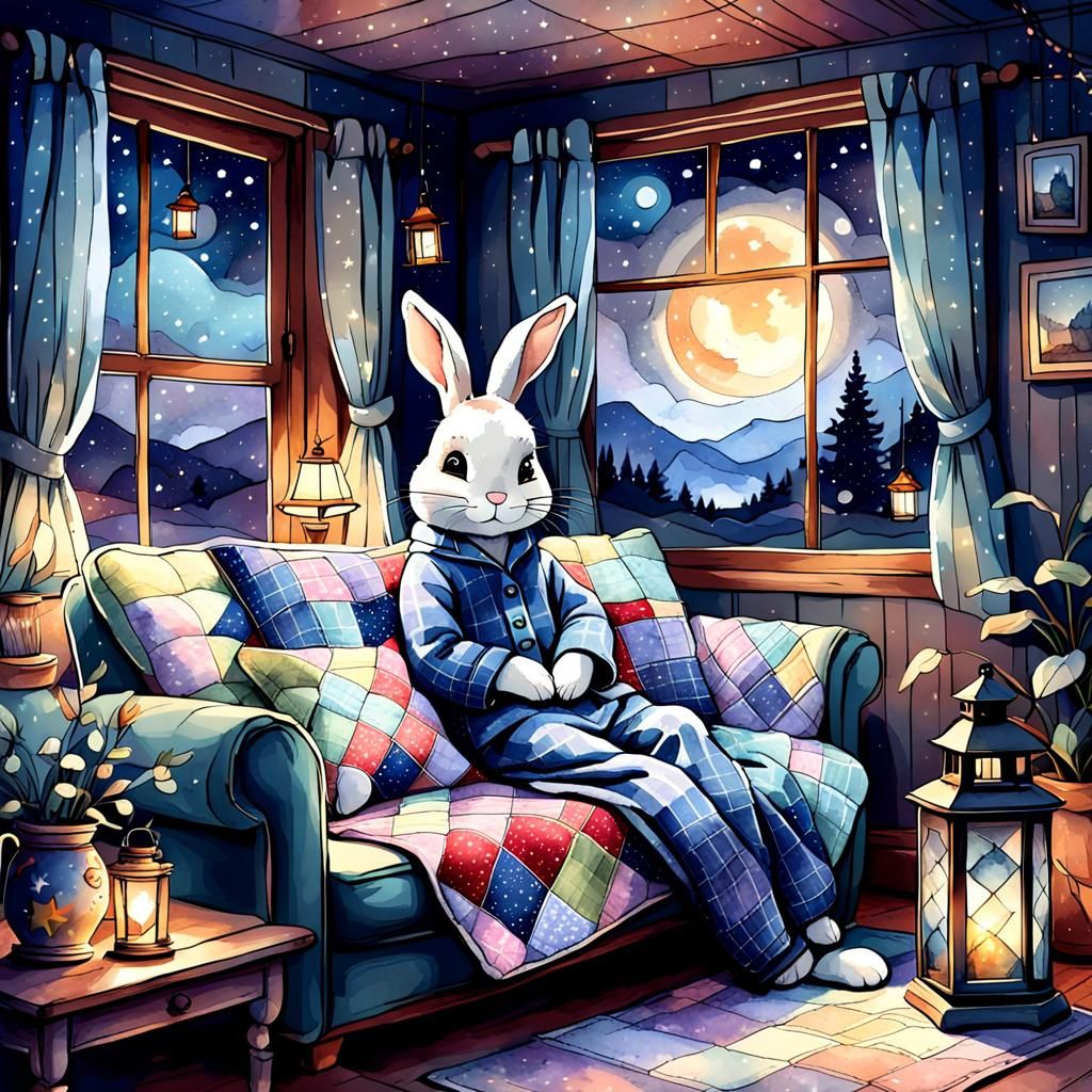 Cozy Bunny in Pajamas: A Digital Watercolor