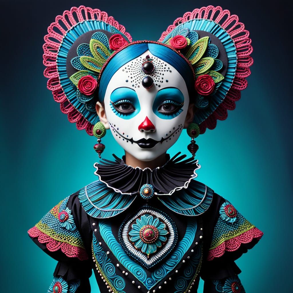 Whimsical Alebrije Pierrot in Solarpunk Zentangle Style