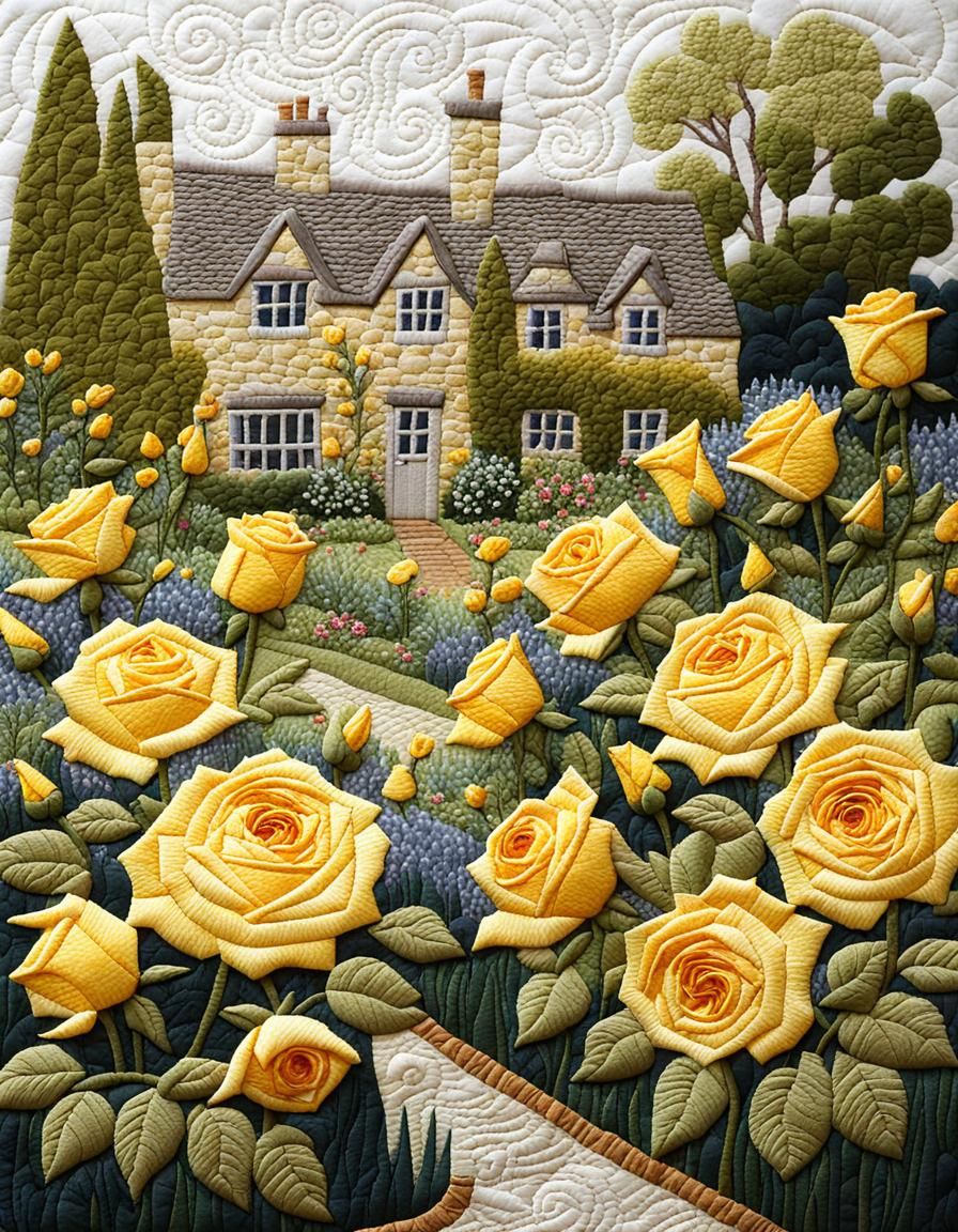 Cotswold Garden with Yellow Roses in Appliqué Style