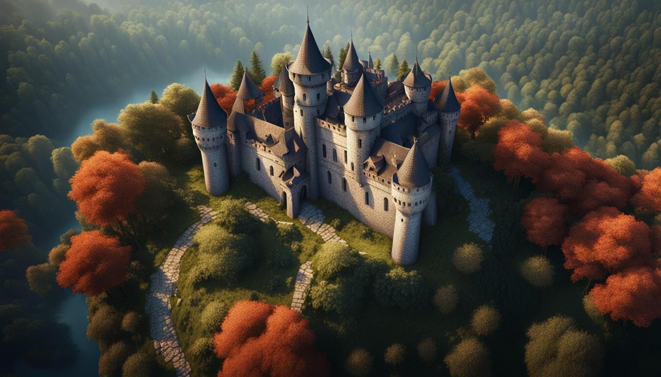Aerial View of Medieval Castle in Forest