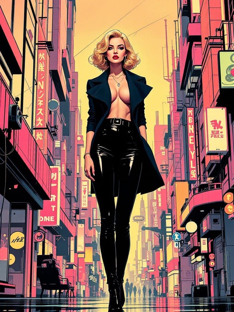 Retro-Futurist Pin-Up in Cyberpunk Graphic Novel Style