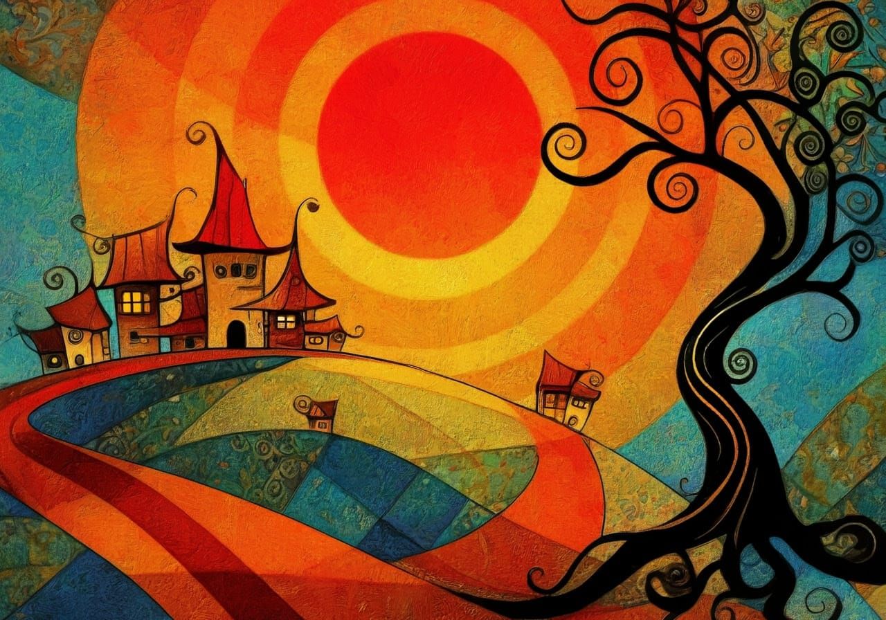 Surreal Abstract Landscape with Radiant Sun and Whimsical De...