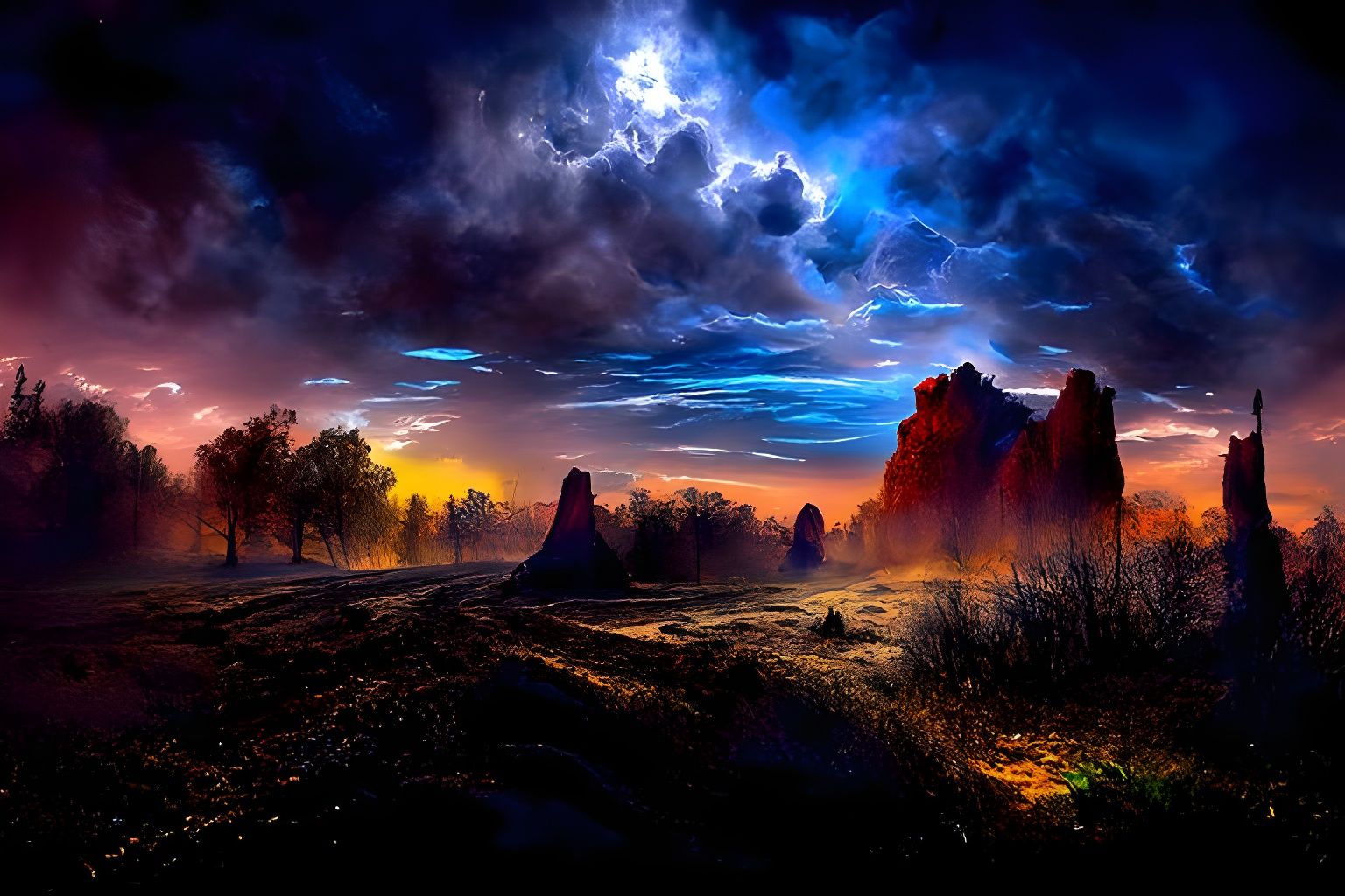 Dramatic Neon Badlands Landscape in Digital Art Style