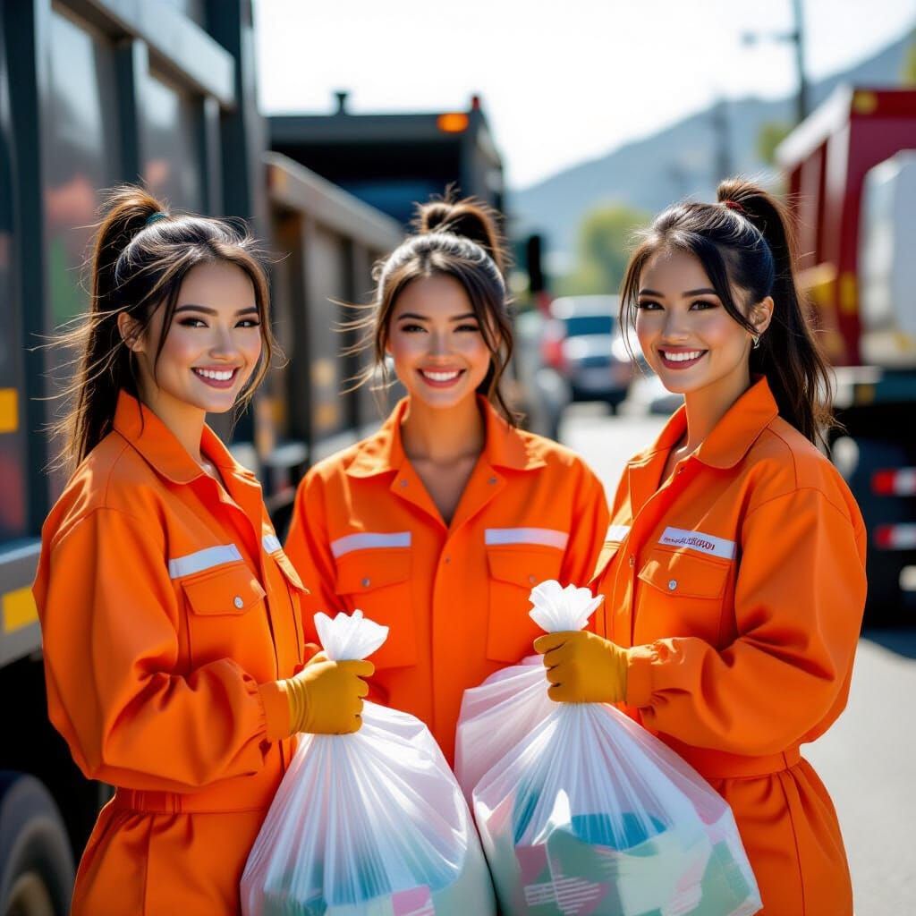 Women Collecting Trash in Orange Latex Suits