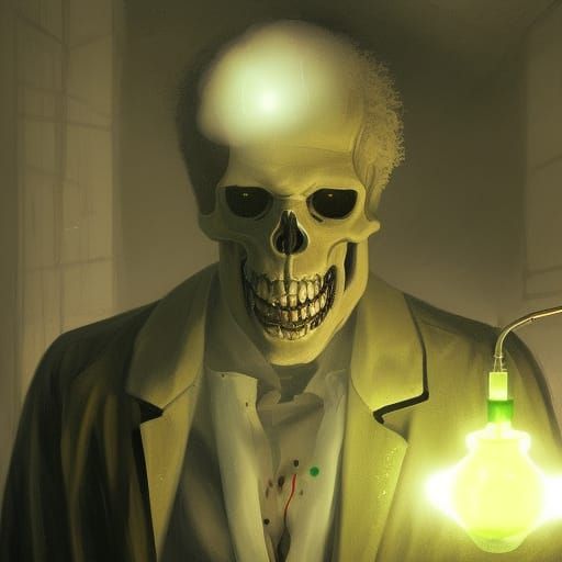 Glowing Skeleton Scientist in Laboratory, Digital Painting