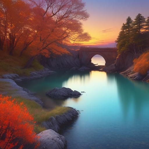 Serene Lagoon Sunset in Art Nouveau Style