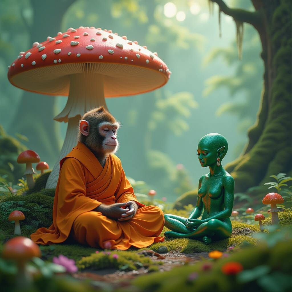 Meditating Monkey and Martian in Mushroom Forest