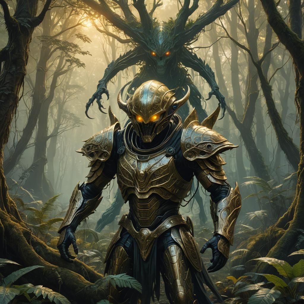 Warrior Alien in Mystical Forest Portal