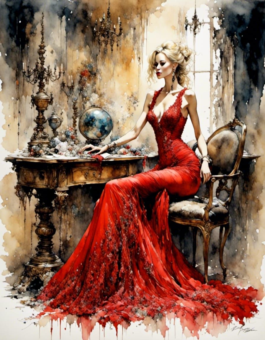 Elegant Woman in Red Lace Gown, Romantic Watercolor