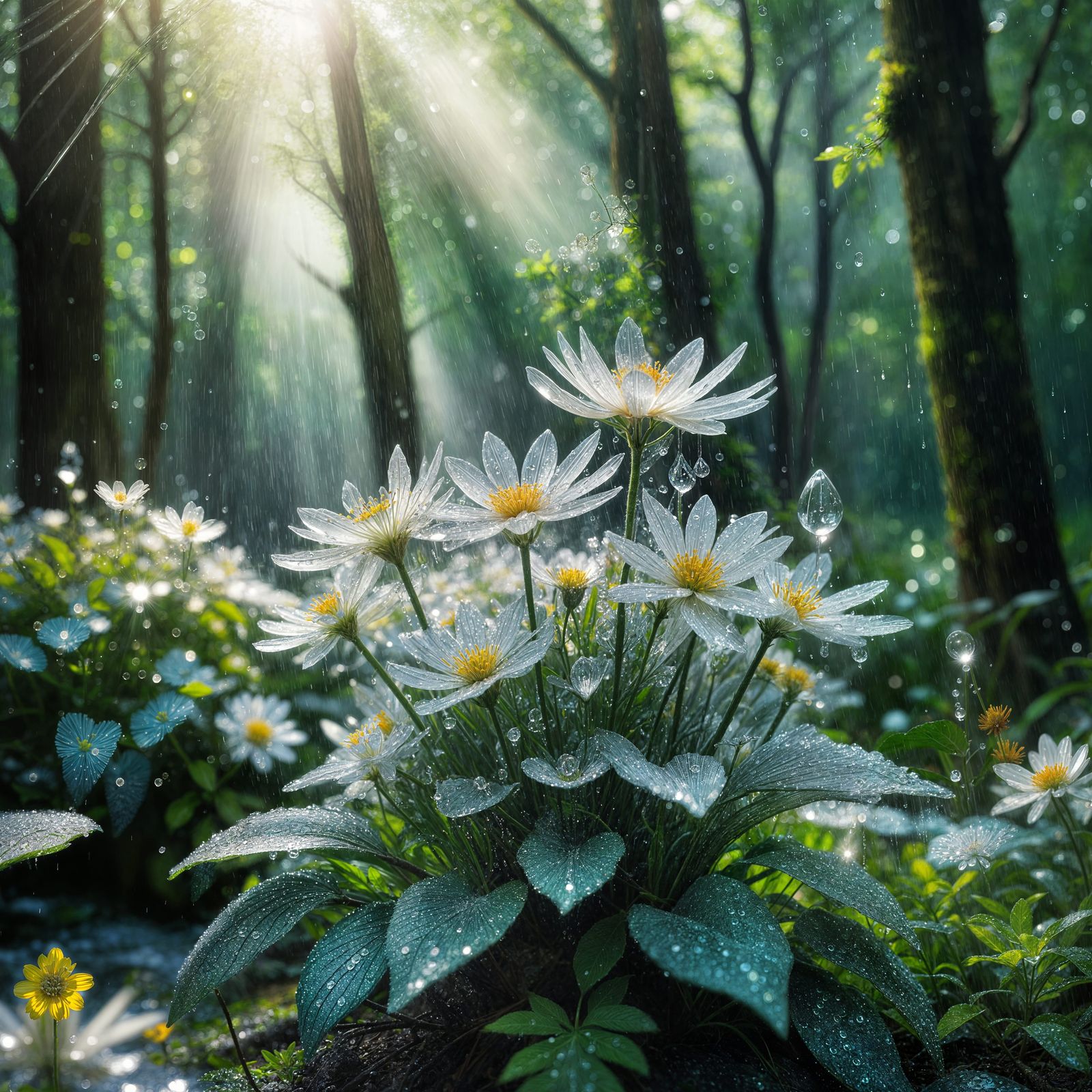 Crystal Forest on a Rainy Day with Sunshine Beams