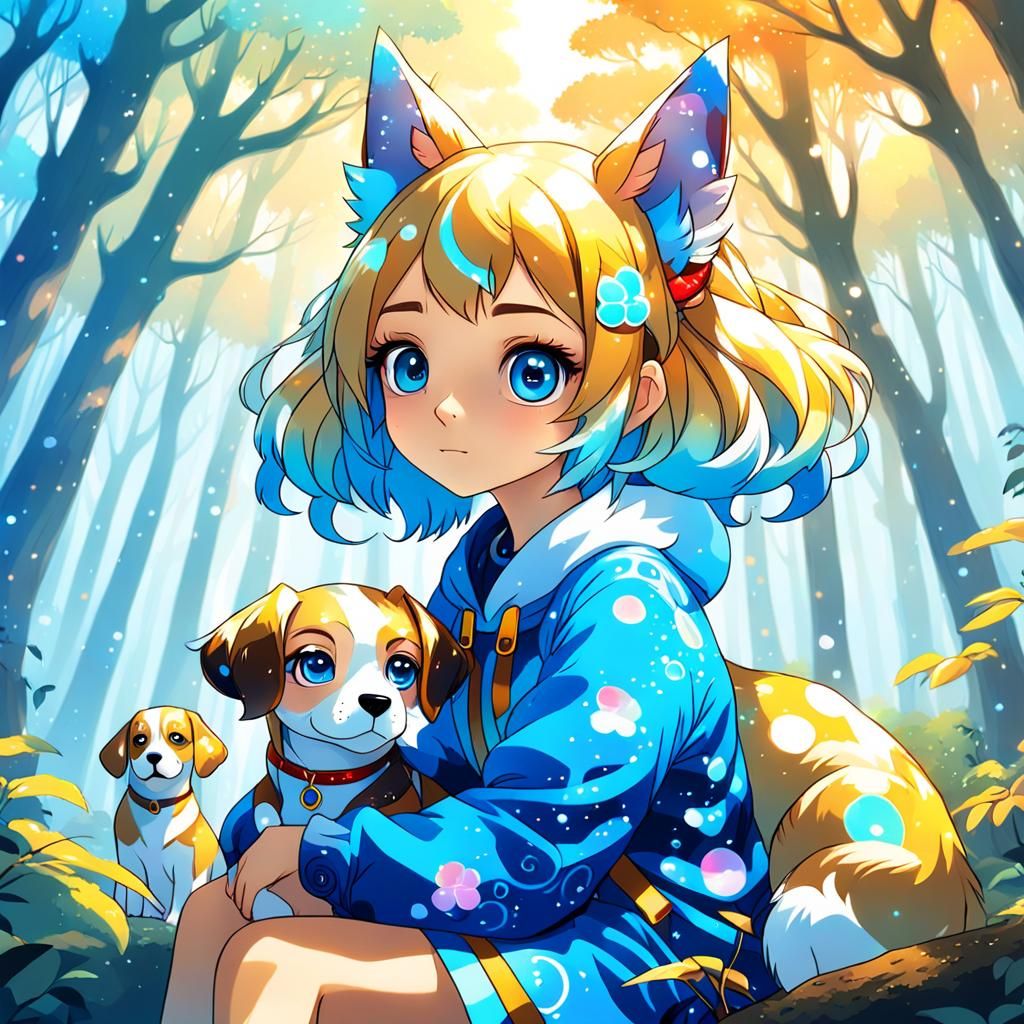 Anime Girl with Dog Features in Mystical Forest