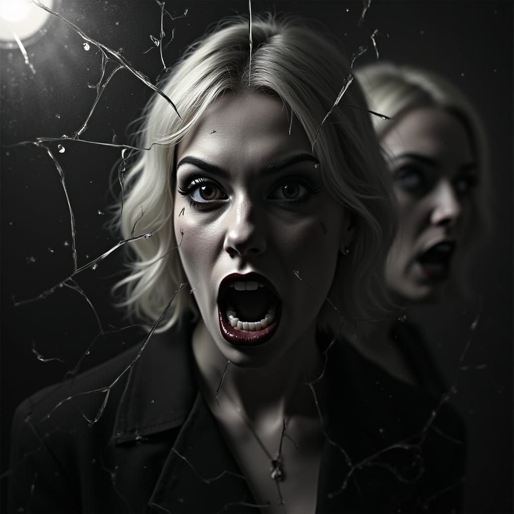 Sinister Reflections: Fractured Faces in Noir Horror Style