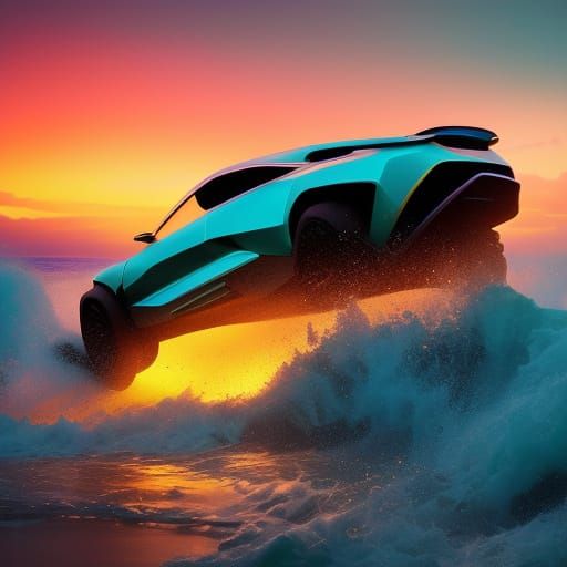 Futuristic Car on Beach at Golden Hour