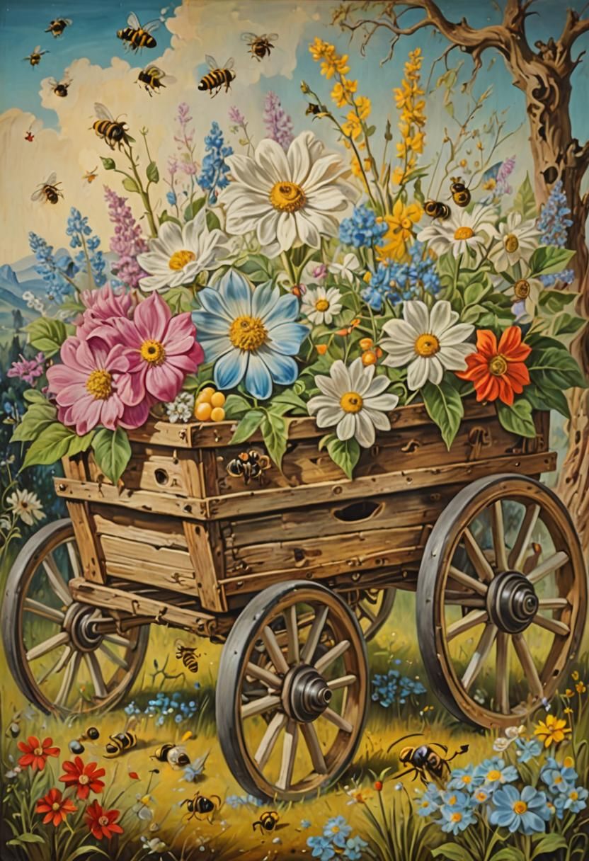 Surrealist Wagon in Meadow with Flowers and Fruit