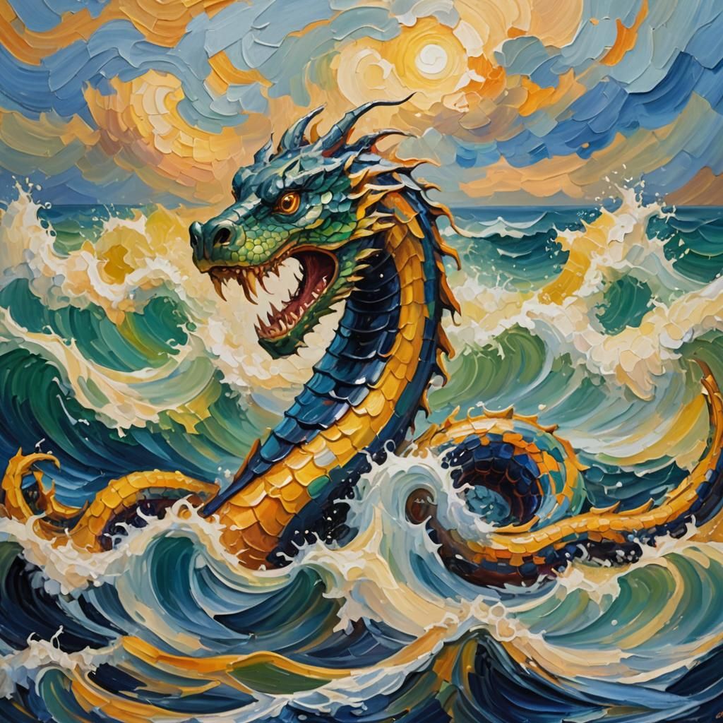 Sea Serpent Rises: Expressionist Impasto Oil Painting