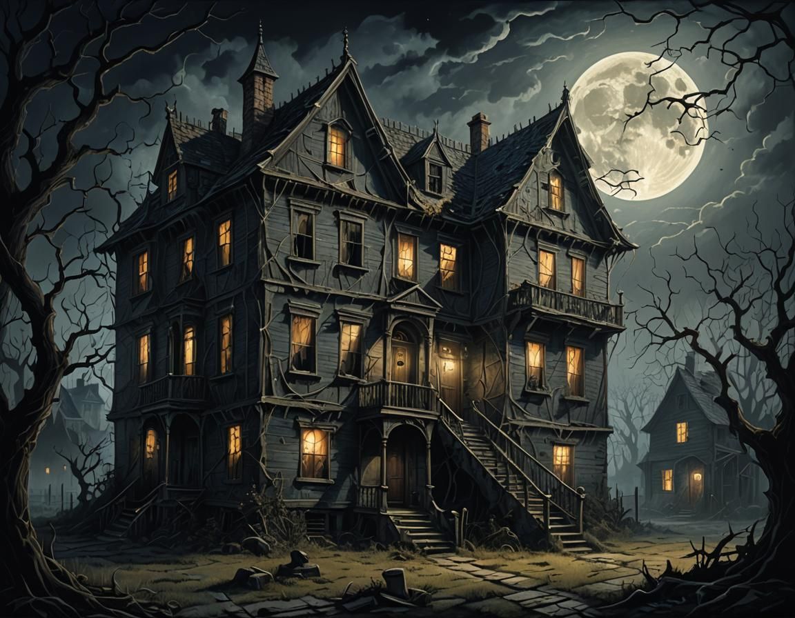Eerie Deserted House Illustration in Gothic Horror Style
