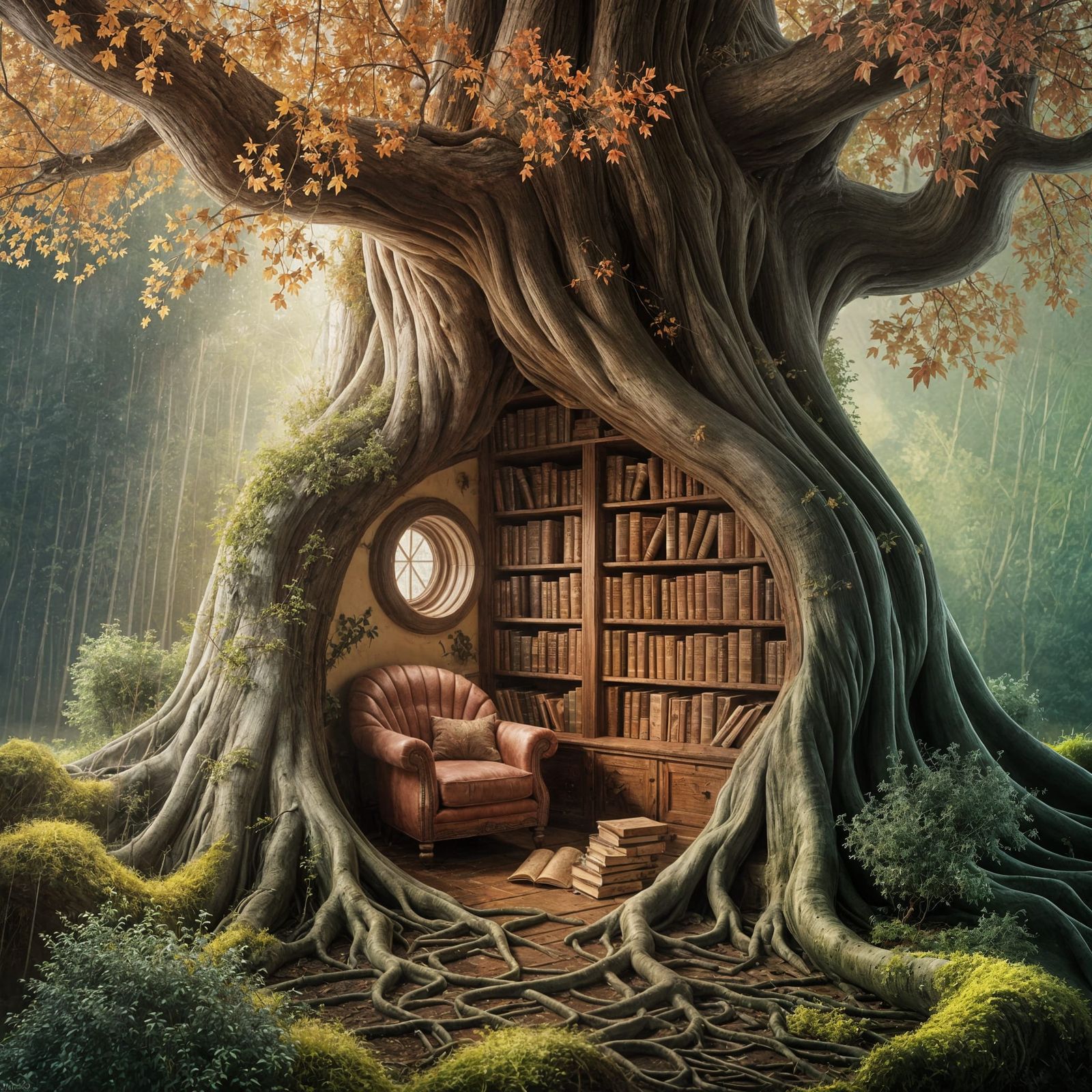 Enchanted Reading Nook in Ancient Tree: Gouache