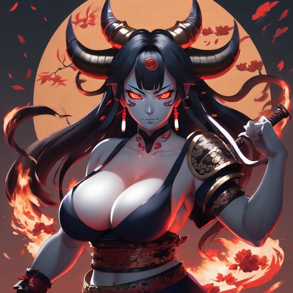 Beautiful Curvy Oni in Anime Key Visual Style